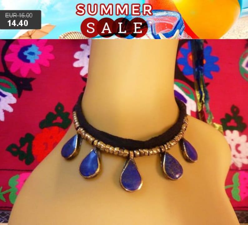 Ethnic Necklace with Blue Pendants Tribal-Necklace Afghani Necklace Bib-Necklace