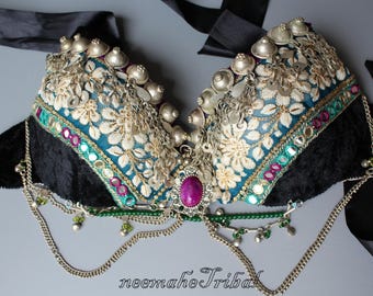 Black Velvet ATS Tribal-Bra with Green Borders and Purple Highlights, Size EU 75C, US Size 34C