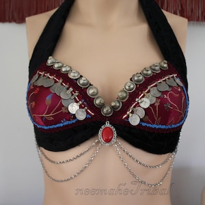 Tribal Bra Size EUR 80C, US 36C, CA 36C, Burgundy on Black Velvet with Silvertone Metal Ornaments, Ats, Tribal Fusion, Tribal Style Dance