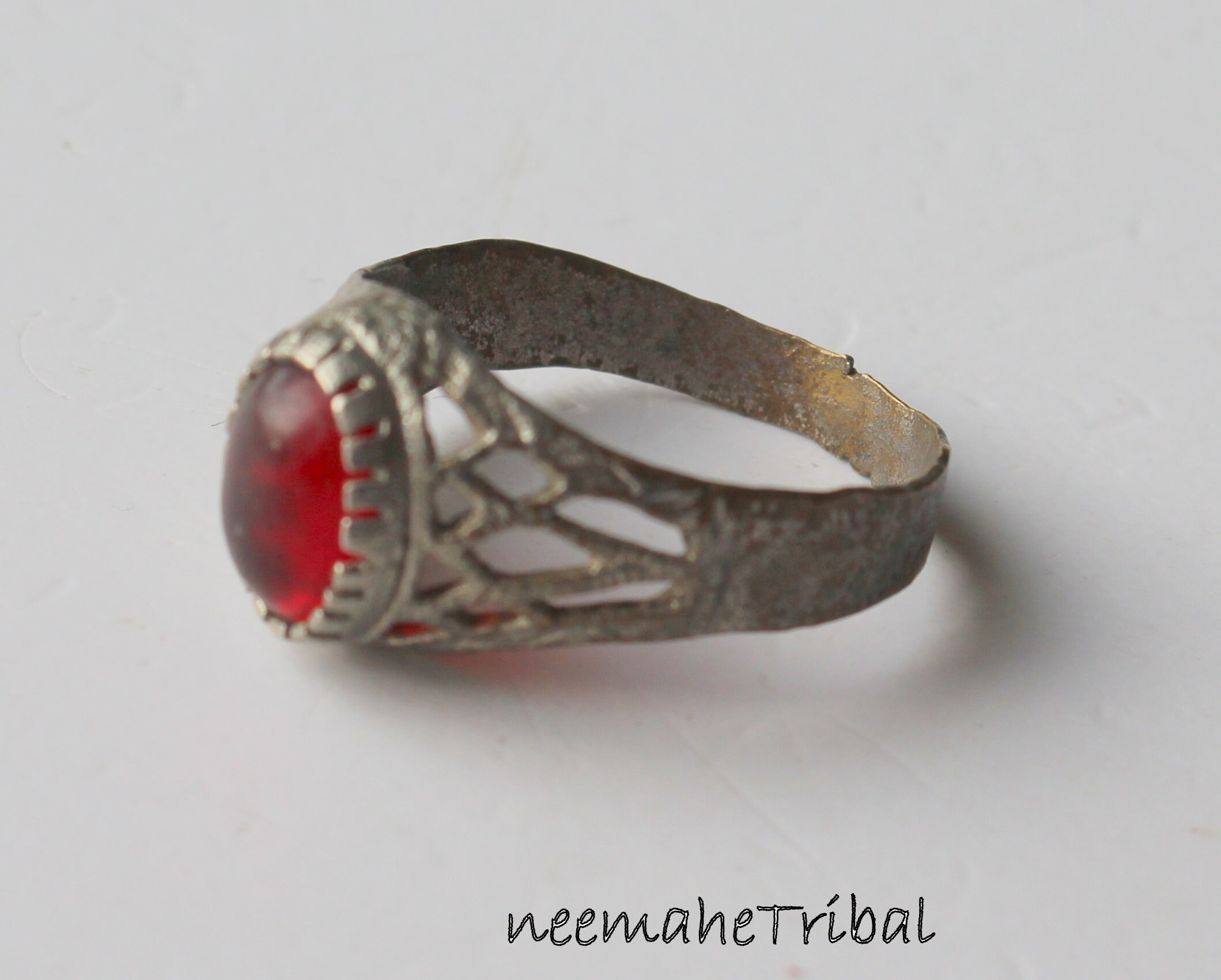 Silvertone Ring with Red Glass Jewel, US Size 10