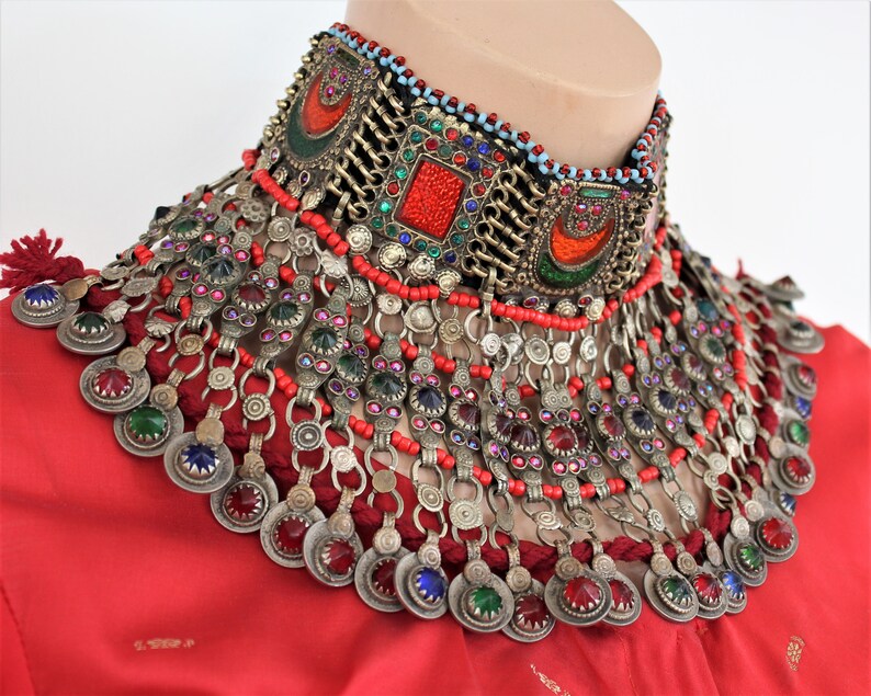 Vintage Kuchi Tribal-Choker with Red Orange and Green Glass Jewels Tribal Fusion Jewelry Handmade Nomad Kuchi-Choker