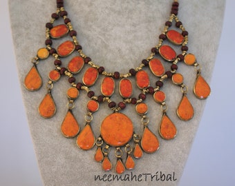 Afghan Bib-Necklace with Orange Stones