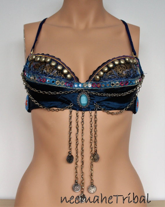 Blue Tribal Fusion Bra, US 32B or 34A, UK 32C or 34 B, Eu 70C or 75B,  Burning Man, Bellydance, Festival Costume Top 