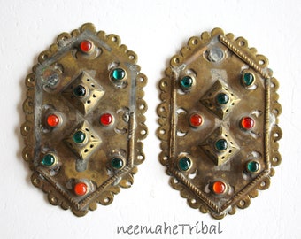 1 Pair Brasstone Turkmen Ornaments with Jewels, 9 x 5,5 cm / 3.54 x 2.16 ", Tribal Fusion Belt Buckles