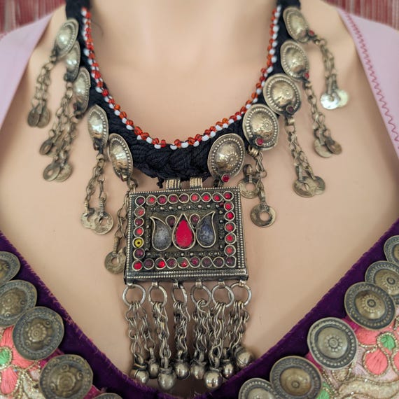 Big Tribal Necklace With Kuchi Prayer Box Pendant and Waziri