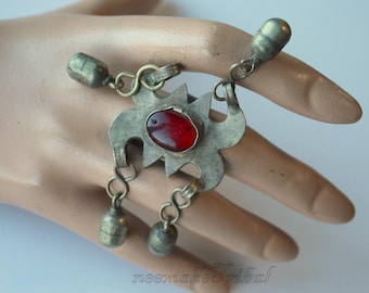 Turkmen Tribal Ring with Bells and Red Glass Jewel, US 8