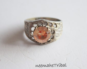 Filigree Silvertone Ring with Apricot Rhinestone, US Size 9