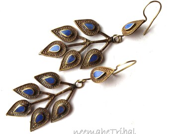 Boucles d'oreilles arbre avec pierres bleues, boucles d'oreilles tribales hippie boho