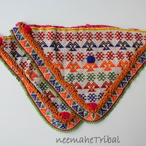 Huge White Triangular Beaded Kuchi Patches with a Blue Beaded Border and Pompons, 1 Pair