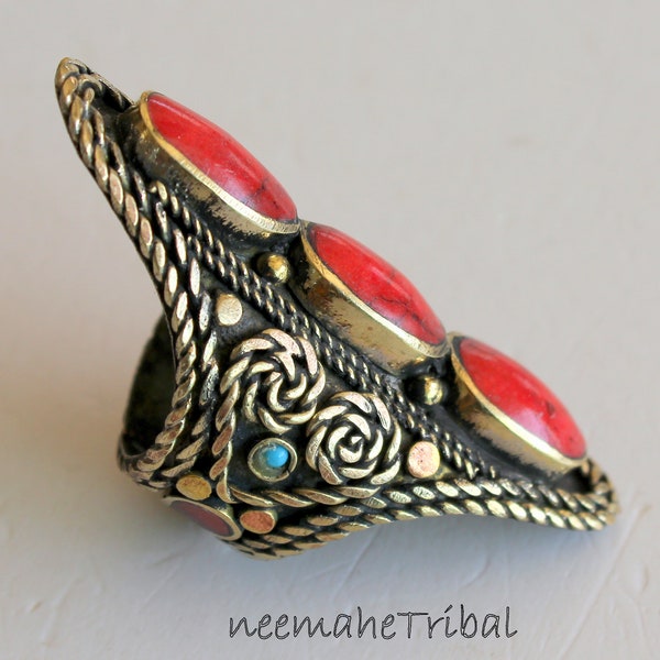 Long Kuchi Tribal Ring with Red Stones and Turquoise Beads, US Size 10