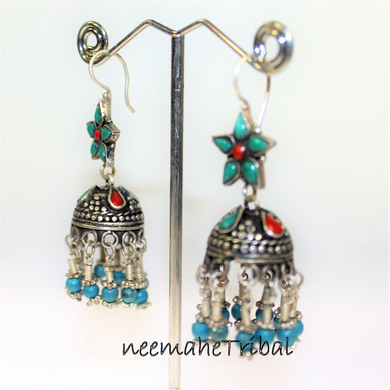 Central Asia Boho Hippie Statement Bukharai Design Turkoman Silver Earrings from Afghanistan Silk Road Jewelry Ethnic Earrings
