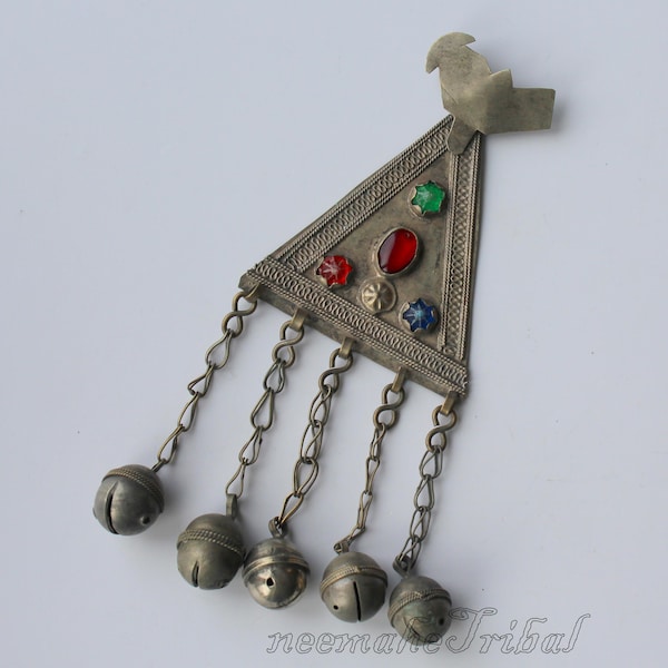 Old Turkmen Tribal Pendant with Glass Jewels and Bells