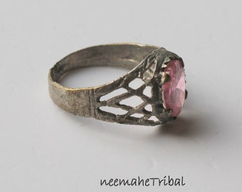 Silvertone Ring with Pink Glass Jewel, US Size 8 1/2