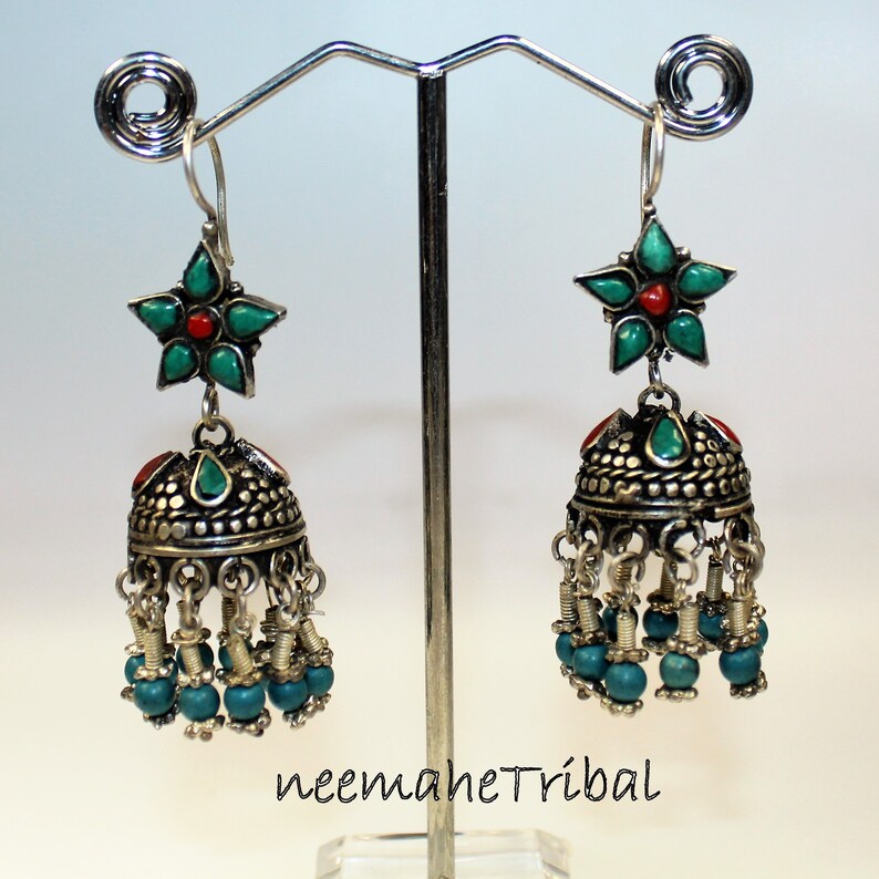 Central Asia Boho Hippie Statement Bukharai Design Turkoman Silver Earrings from Afghanistan Silk Road Jewelry Ethnic Earrings