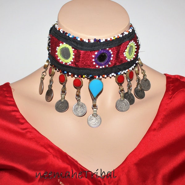 Hippie-Halsband, Tribal-Kopfschmuck mit Spiegelchen, Choker, Vintage Tribal Fusion Haarband, Hippie-Choker, Boho-Halsband