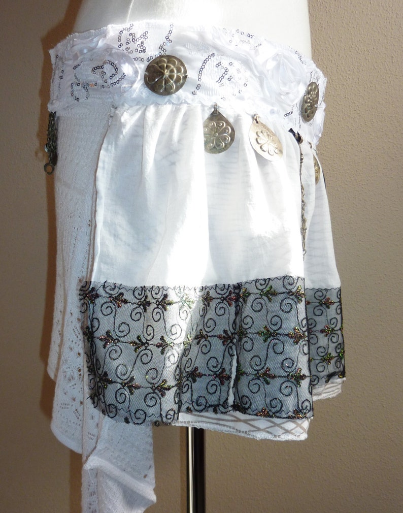 White with Black Border Tribal Fusion Hipscarf White Tribal Skirt OOAK Handmade ATS Cosplay Belldance Hip Scarf
