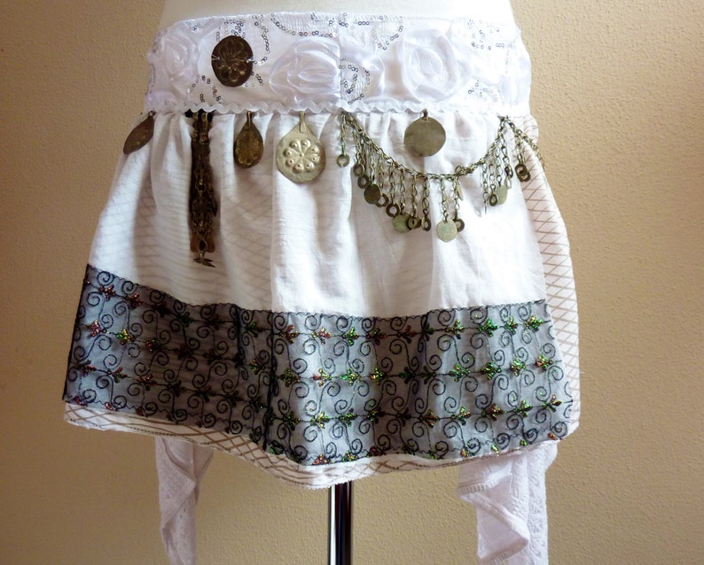 White with Black Border Tribal Fusion Hipscarf White Tribal Skirt OOAK Handmade ATS Cosplay Belldance Hip Scarf