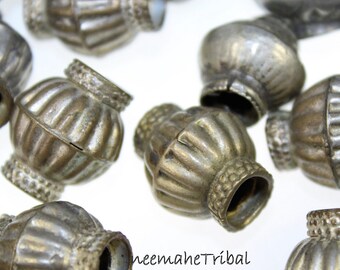 Tribal Metal Beads, Vintage Handmade Afghan Metal-beads with big Hole, Set of 3 Beads, Ethno-Jewelry Supply