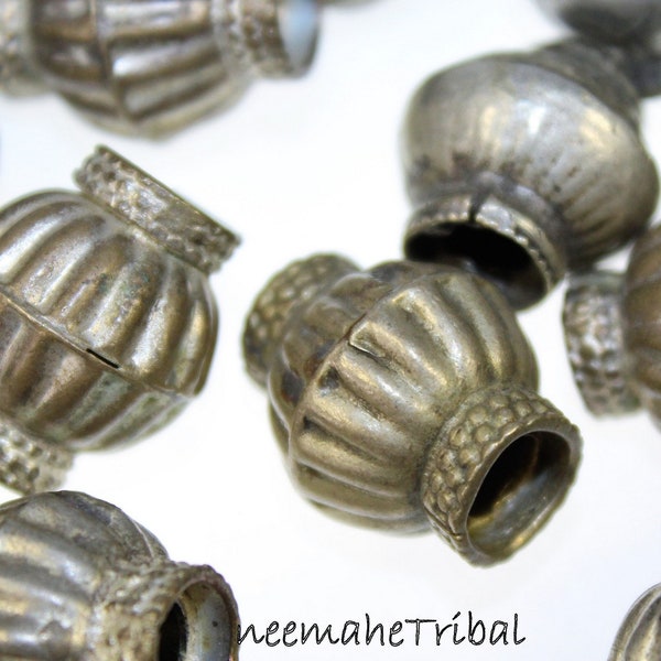 Tribal Metal Beads, Vintage Handmade Afghan Metal-beads with big Hole, Set of 3 Beads, Ethno-Jewelry Supply