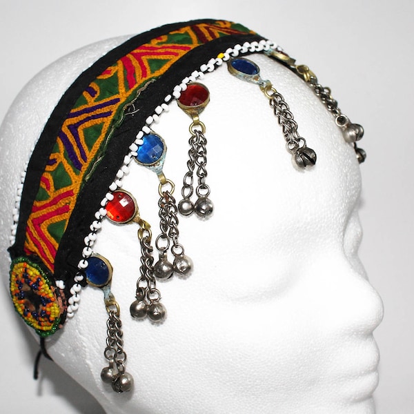 Tribal Headpiece, Header, Boho-Choker, Cotton Hippie-Choker with Metal Fringes, Tribal Fusion Headband, vintage