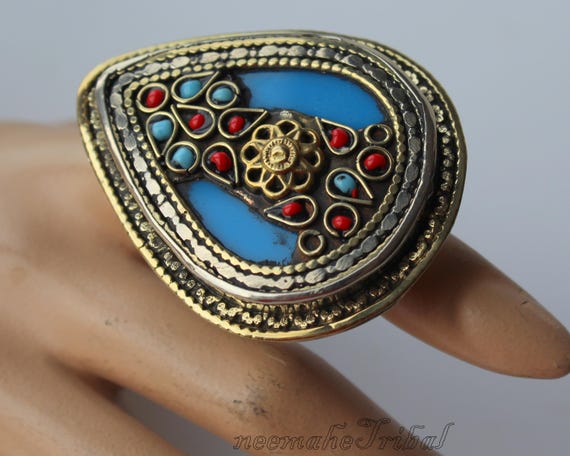 Big Turquoise Triangular Laghman Ring, US Size 6 … - image 4