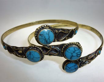 Tribal Upperarm Bracelets with Colored Stones, Adjustable, 1 Pair