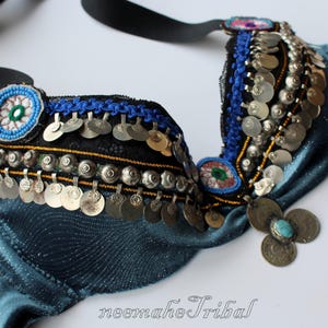 Tribal Bra Size EUR 80C, US 36C, CA 36C, Steelgrey with Silvertone Metal Ornaments, Tribal Fusion Bra, Tribal Style Dance