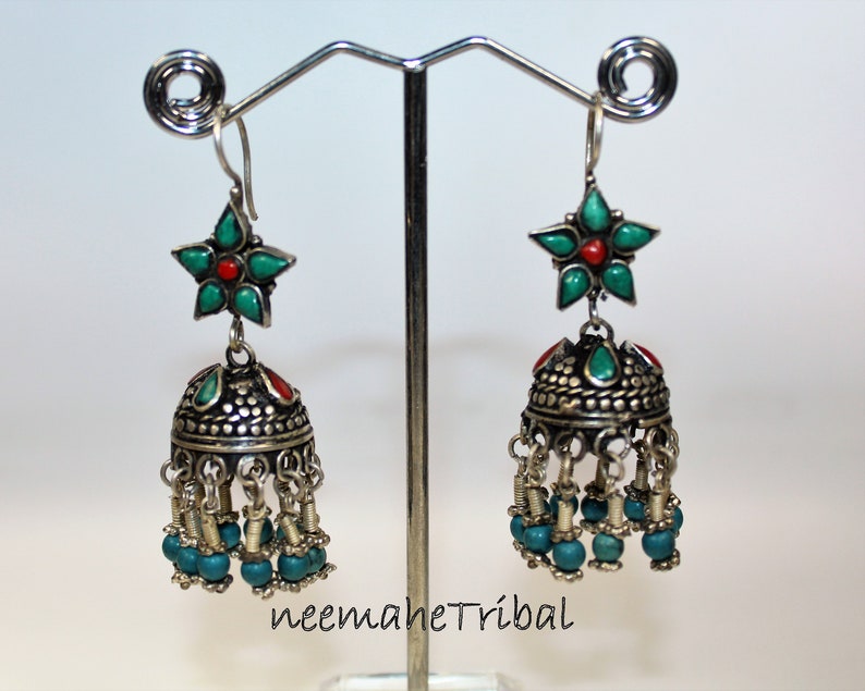 Central Asia Boho Hippie Statement Bukharai Design Turkoman Silver Earrings from Afghanistan Silk Road Jewelry Ethnic Earrings