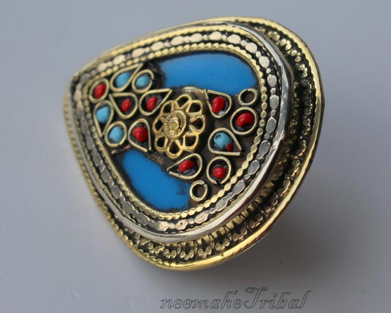 Big Turquoise Triangular Laghman Ring, US Size 6 … - image 3
