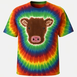 May include: A tie-dye t-shirt with a vibrant rainbow spiral design. The shirt features a brown cow face graphic in the center. The cow has a pink nose and dark eyes. The shirt is short-sleeved and has a crew neck.