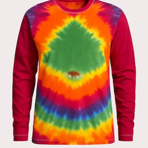 May include: A long-sleeved shirt with a vibrant tie-dye pattern in a rainbow of colors, including green, orange, yellow, and purple. The sleeves are a solid red color, and the shirt has a crew neck.