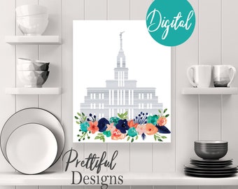 Payson Temple Church of Jesus Christ Digital Print with Watercolor Flowers