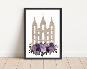 Salt Lake City Temple Digital Print | Church of Jesus Christ | Digital Art | Watercolor Flowers | Printable