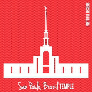 Puede incluir: Silueta blanca del Templo de Sao Paulo, Brasil, sobre un fondo rojo. El templo tiene una alta aguja y un gran arco. El texto "Sao Paulo, Brasil TEMPLO" está escrito debajo del templo.