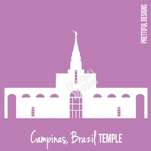 Puede incluir: Una silueta blanca del Templo de Campinas, Brasil, un templo mormón con una alta aguja y una estatua de un ángel en la cima. El templo está sobre un fondo morado con un patrón de chevron.