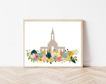 Orem Utah Temple Impresión digital / Iglesia de Jesucristo / Arte digital / Flores de acuarela / Imprimible