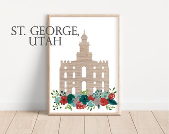 St. George Temple Wall Art Decor | Church of Jesus Christ | Digital Art | Watercolor Flowers | Printable