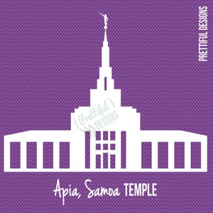 May include: White silhouette of the Apia Samoa Temple on a purple chevron patterned background. The text "Apia, Samoa TEMPLE" is below the temple.