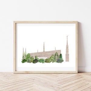 May include: A watercolour illustration of a temple with a spire and surrounded by trees. The temple is rendered in shades of brown and the trees are green.