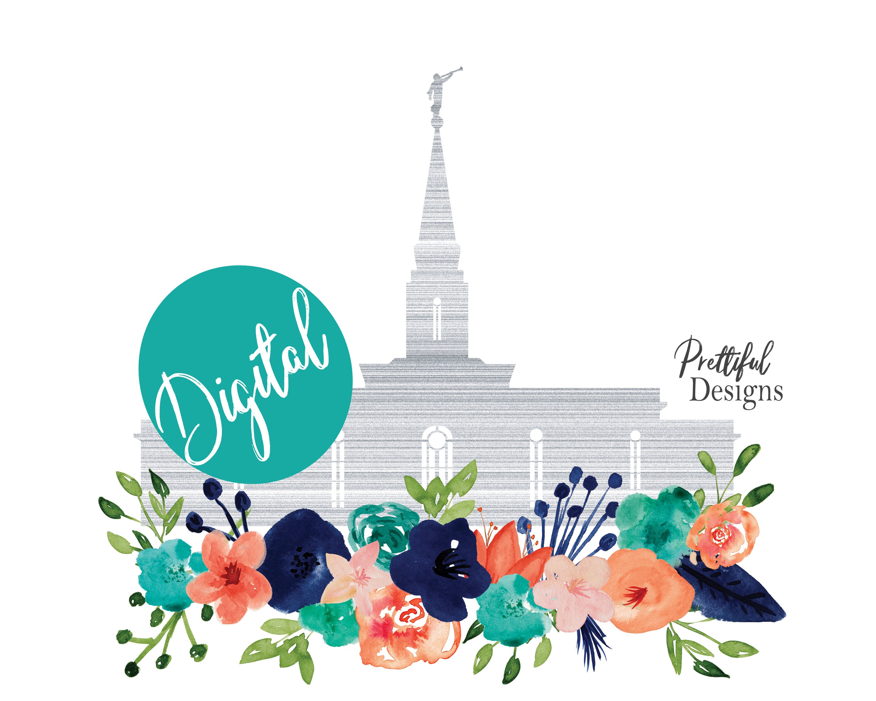 Iglesia del Templo de Jesucristo de Orlando Impresión Digital con flores de acuarela