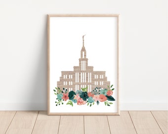 Payson Temple Digital Print / Iglesia de Jesucristo / Arte Digital / Flores de Acuarela / Imprimible