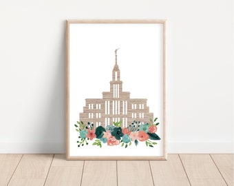 Payson Temple Digital Print | Church of Jesus Christ | Digital Art | Watercolor Flowers | Printable