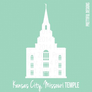 May include: A white silhouette of the Kansas City, Missouri Temple against a light green backdrop with a subtle chevron pattern. The text "Kansas City, Missouri Temple" is at the bottom. The words "Prettiful Designs" are on the right side.