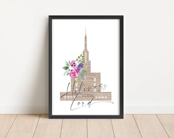 Hamilton New Zealand Temple Watercolor Wall Art Decor / Iglesia de Jesucristo / Arte digital / Flores de acuarela / Imprimible