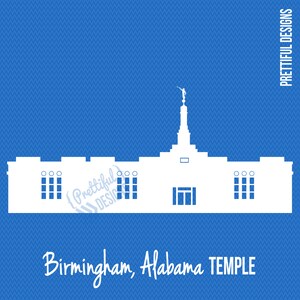 May include: A white silhouette of the Birmingham Alabama Temple against a blue background. The temple has a tall spire with a statue on top. The text "Birmingham, Alabama TEMPLE" is below the temple.