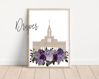 Draper Utah Temple Art Digital Print | Church of Jesus Christ | Digital Art | Printable | Watercolor Temple Purple Flower Print