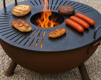 Op de afbeelding: Een ronde, roestkleurige metalen vuurschaal met een zwarte, cirkelvormige grillplaat aan de bovenkant. De grillplaat is voorzien van radiale sleuven en een centrale opening met zichtbare vlammen. Diverse etenswaren, waaronder een burger, worstjes en brood, worden bereid.