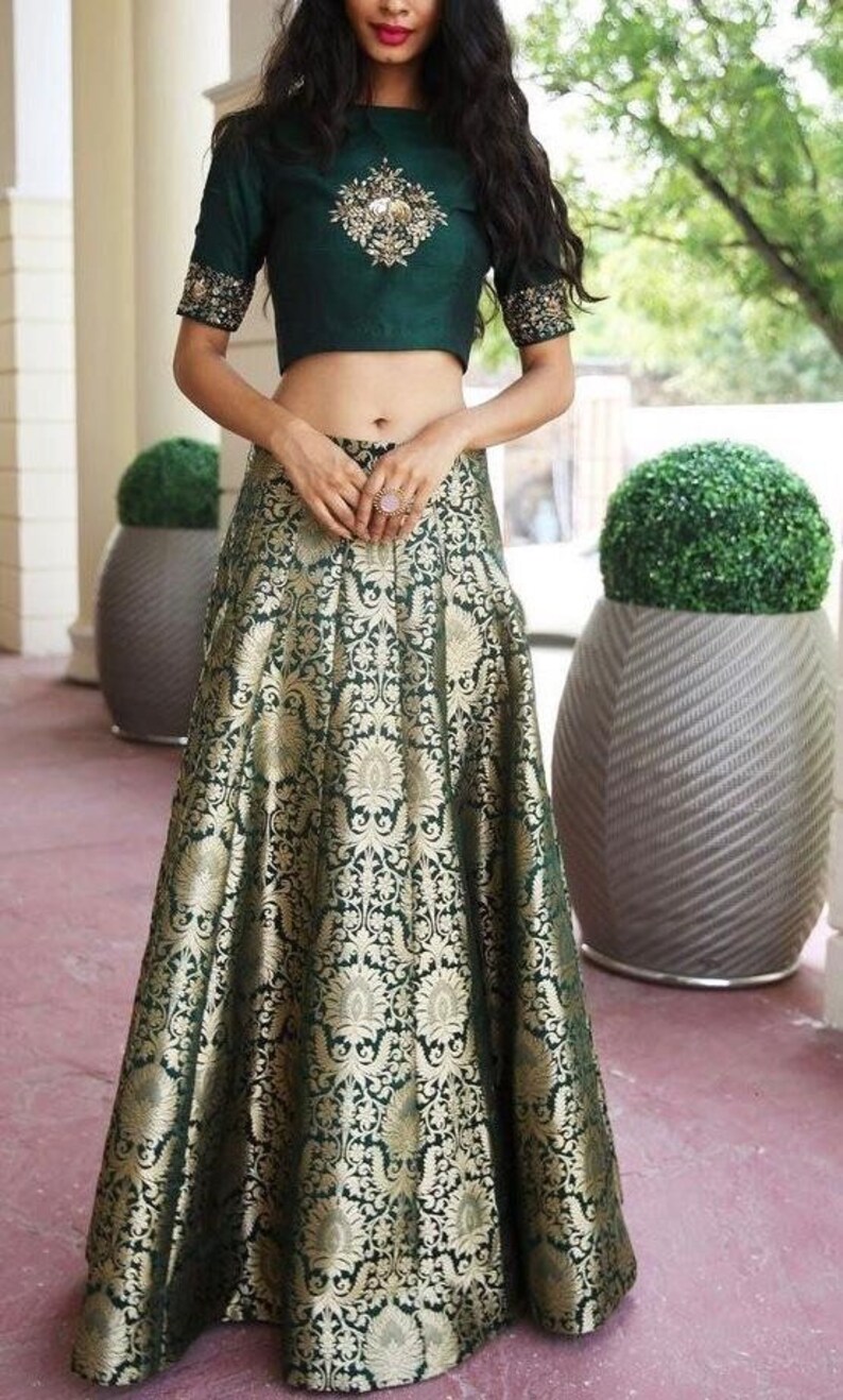 Emerald green navy blue marron banarsi brocade indian wedding lehenga skirt with embroidered silk choli blouse custom made lengha choli