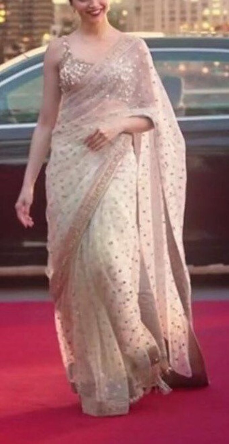 Off white Indian wedding saree with gold sequins heavy Etsy