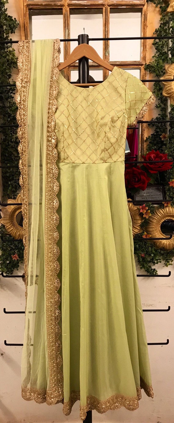 Pista Green Cotton Chanderi Anarkali Salwar Kameez With Golden